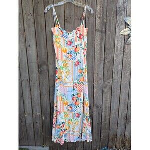 Paper Heart | Anthropologie Floral Fruit Patchwork Print Maxi Tie Back Dress  L